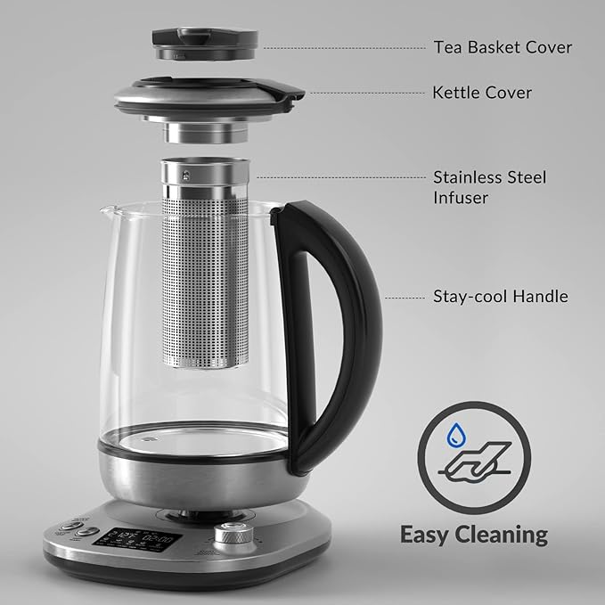 Mecity Electric Tea Kettle with Removable Infuser, 9 Preset Brewing Programs, Temperature Control, 2 Hours Keep Warm, Borosilicate Glass, 1.7 Liter, 1200W