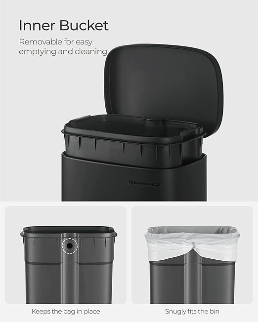 SONGMICS Trash Can with Lid, 8 Gallon Garbage Can, Stainless Steel Small Waste Bin with Step Pedal and Inner Bucket, Soft Close, Kitchen, Black ULTB102B01