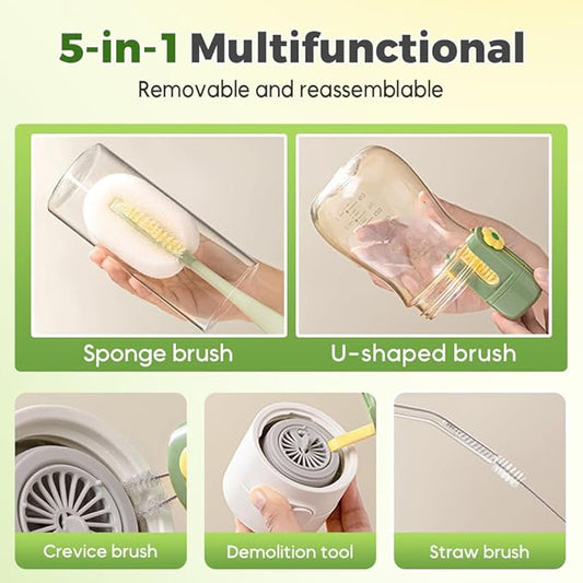 5 in 1 Bottle Cleaning Brush Set, 2025 Multifunctional Lid Brush Cleaning Tool Kitchen, Portable Long Handle Bottles Scrubber for Cup Lids, Hard Bristle Sponge Head Bottle Brushes (Green and White)