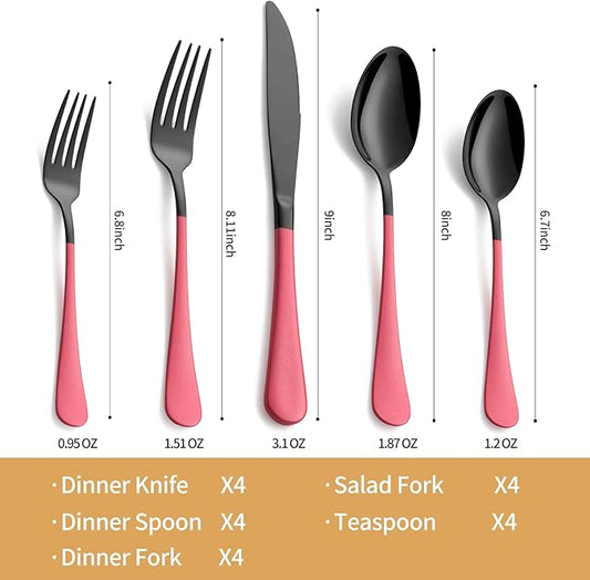 20-Piece Black Silverware Set 18/0 Stainless Steel Silverware Set Pink Handle Cutlery Set Service for 4 Dinner Knives Forks Spoons Set Flatware Set Finish Dishwasher Safe(Black and Pink)