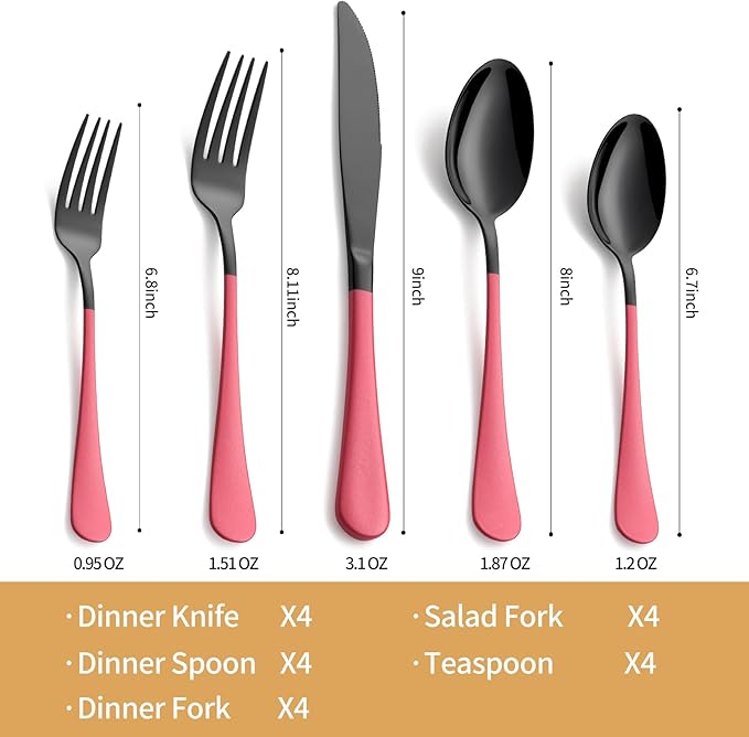 20-Piece Black Silverware Set 18/0 Stainless Steel Silverware Set Pink Handle Cutlery Set Service for 4 Dinner Knives Forks Spoons Set Flatware Set Finish Dishwasher Safe(Black and Pink)