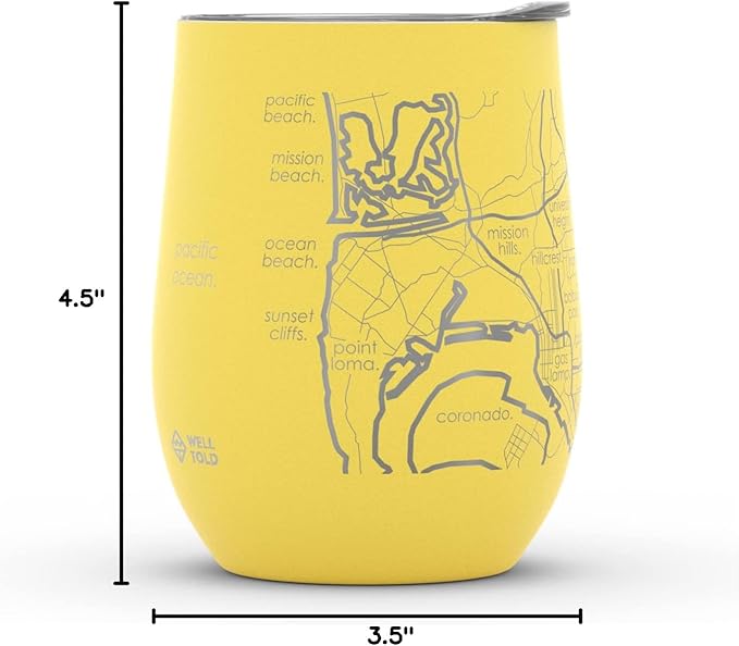 Well Told Engraved San Diego California Map Insulated Wine Tumbler, Etched Stainless Steel Cup (12 oz, Sunrise Yellow) City Map Insulated Tumbler, Custom Insulated Tumbler, Outdoor Drinkware