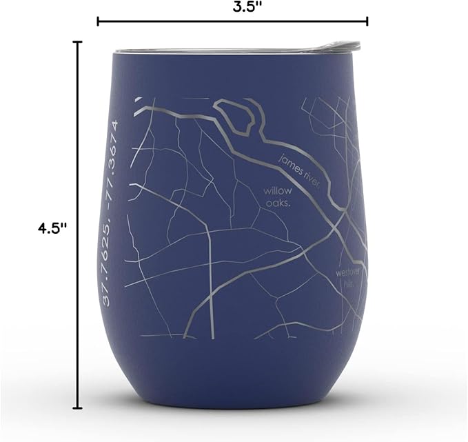 Well Told Engraved Richmond Virginia Map Insulated Wine Tumbler, Etched Stainless Steel Cup (12 oz, Midnight Blue) City Map Insulated Tumbler, Custom Insulated Tumbler, Outdoor Drinkware