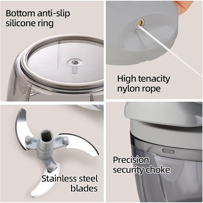 Manual Food Processor Vegetable Chopper 2.3 Cup Small Mini Hand Pull String Onion Chopper Garlic Mincer Cutter with 3 Stainless Steel Blades (Grey, 550 ml)