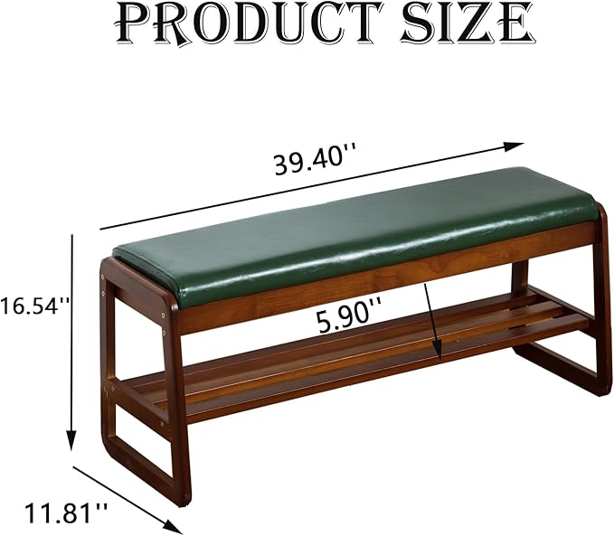 latifolia Solid Wood Bench, Entryway Shoe Bench with Cushion, 2 Tier Shoe Storage Organizer for Hallway, Living Room(Green,39.70''L)