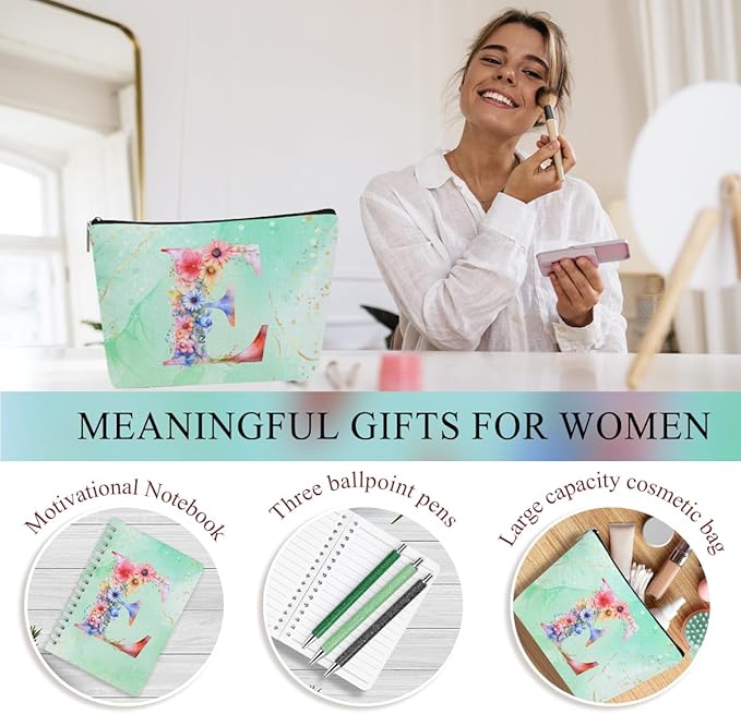Personalized Gifts Monogrammed Birthday Gifts for Women, Daughter Bestie Friendship Christmas Initial 20 oz Tumbler, Makeup Bag Cup Ballpoint Pens Journal Notebook 6 Set, (Aesthetic Green Flower E)