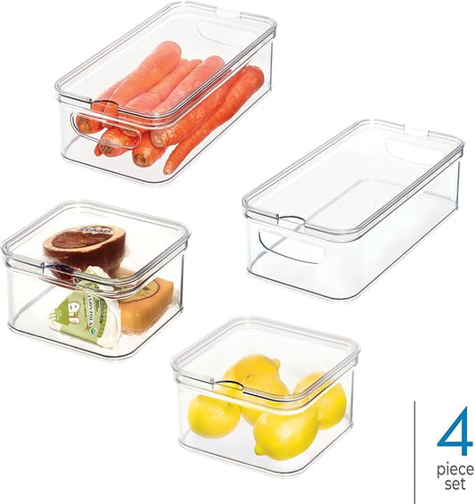 iDesign Crisp 4-Piece Recycled Plastic Refrigerator Organizer Bin Set with Lids, Clear/White