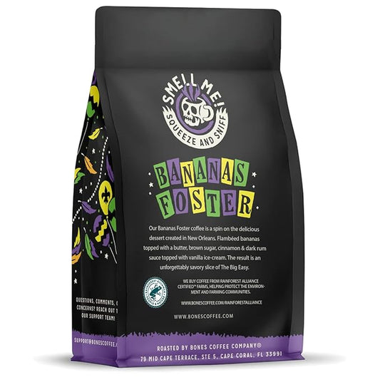 Bones Coffee Company Bananas Foster, Banana, Rum and Vanilla Flavored Coffee, Medium Roast Low Acid Arabica Beans Compatible with Auto drip and French Press Coffee Maker, 12 Oz Whole Bean