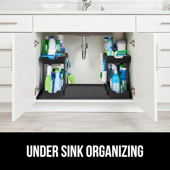 GORILLA GRIP Waterproof Silicone Under Sink Mat with Raised Lip for Kitchen and Bathroom, Cabinet Shelf Liner Stay in Place Mats Dishwasher Safe Drawer Liner, Organizer Tray, 19 x 34 in, Black