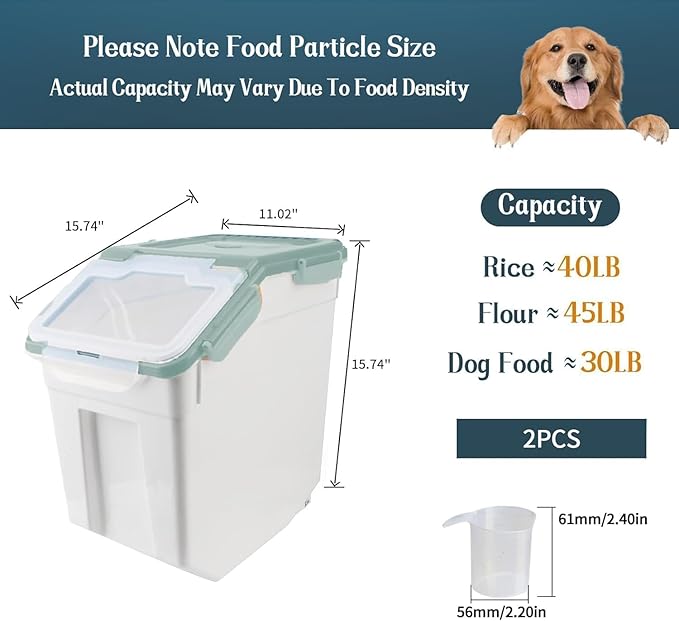 YXQ Rice Storage Container 2 Pack 50 lb Flour Storage Container with Wheels, BPA Free Food Storage Container with Measuring Cup Dog Cat Food Bin Set for Dry Food Sugar, Cereal-Green