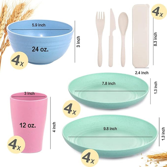 Supernal 32pcs Wheat Straw Dinnerware Sets,Unbreakable Dish,Light Weight Dinnerware Reusable Dishwasher Microwave Safe,Eco Friendly Plates,Cereal Bowls,Cups and Utensils Sets