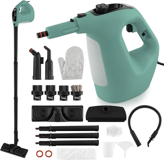 COSTWAY Handheld MultiPurpose Steam Cleaner with 17 Pieces, 350ml Large Capacity Steam Mop Continuous Fill water, Portable Chemical-Free Steamer for Home Use, Floors, Windows, 1400W, Green