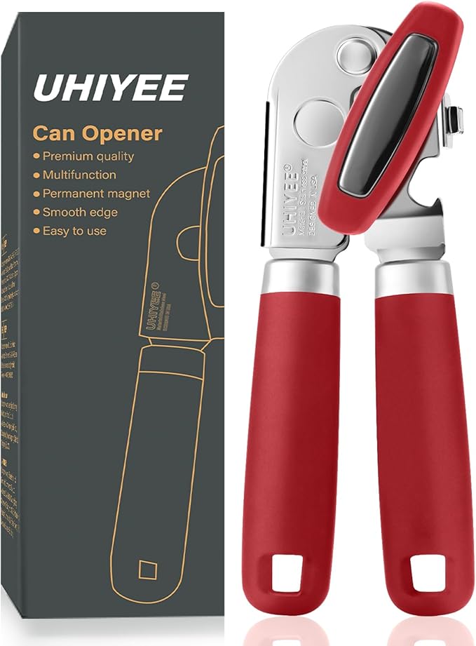 Manual Can Opener, UHIYEE Handheld Can Opener Heavy Duty with High Carbon Sharp Blade, Ease Can Open for Seniors with Comfort Grip Handles, Oversized Turn Knob, Red