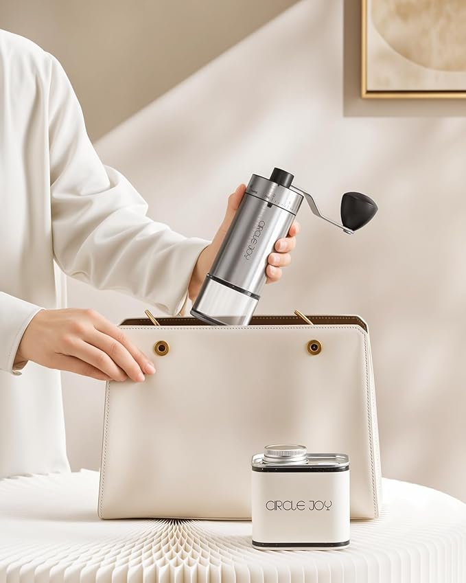 CIRCLE JOY Portable Manual Coffee Grinder with Ceramic Conical Burr and 40 External Adjustable Settings, Stainless Steel Hand Coffee Grinder for Camping, Travel and Espresso, Silver