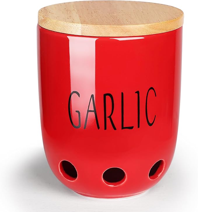 HAOTOP Ceramic Garlic Keeper for Counter, Garlic Saver Container with Wood Lid, Garlic Keeper for Kitchen, Garlic Holder to Keep Your Garlic Cloves Fresh Longer (Red)