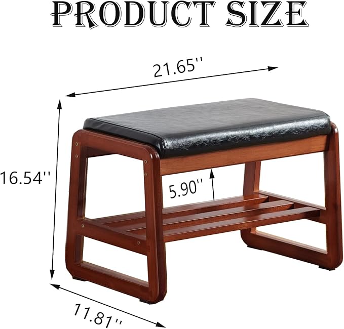 latifolia Solid Wood Bench, Entryway Shoe Bench with Cushion, 2 Tier Shoe Storage Organizer for Hallway, Living Room(Black,21.65''L)