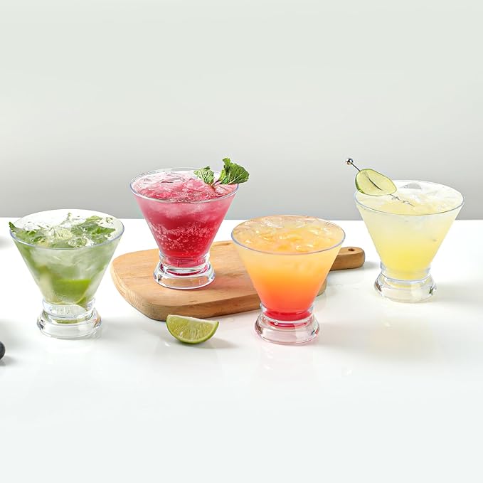 BELLAFORTE Stemless Plastic Martini Glasses Set of 4, 10oz Unbreakable Tritan Cocktail Glasses, Dishwasher Safe Dessert Cups, Crystal Clear Reusable Cocktail Glassware for Indoor & Outdoor Use