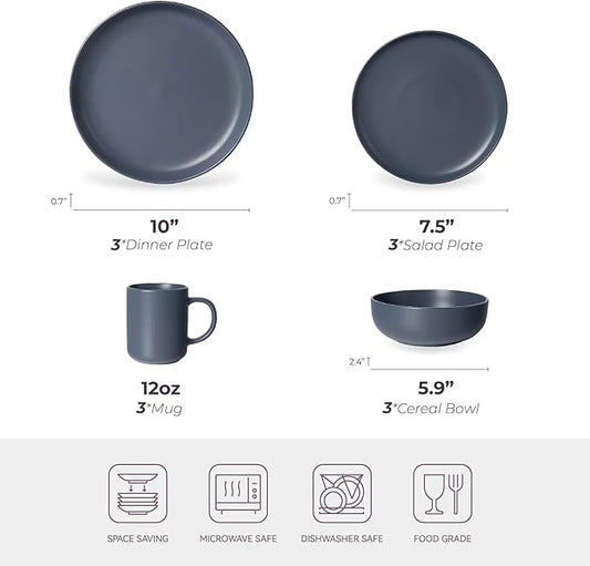12-Piece Stoneware Dinnerware Set with Mugs | Microwave and Dishwasher Friendly | Stackable Matte Glaze Plates & Bowls | Service for 3 (Blue for 3)