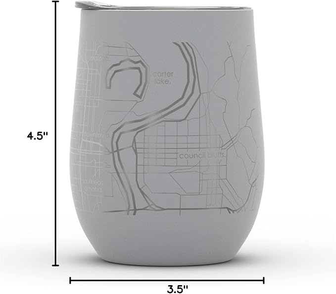 Well Told Engraved Omaha Nebraska Map Insulated Wine Tumbler, Etched Stainless Steel Cup (12 oz, Dockside Gray) City Map Insulated Tumbler, Custom Insulated Tumbler, Outdoor Drinkware
