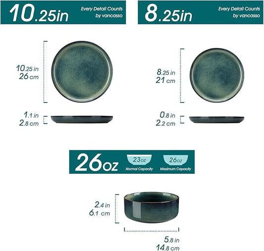 vancasso Starry 12 Pieces Dinnerware Sets for 4, Green Reactive Glaze Dishes Sets, Ceramic Plates and Bowls Set, Dinner Salad Dessert Plates, and Cereal Bowls Set, Dishwasher and Microwave Safe