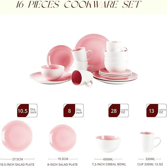 Stoneware Coupe Shape 16pc Dinnerware Set, Outside White + Inside Pink