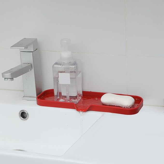 Silicone Bathroom Soap Dishes with Drain Spout-Bathroom and Kitchen Sink Organizer,Sponge Holder,Dish Soap Tray,Perfect for Dispenser,Scrubber,Bottle,Cup on Sink or Counter-Red 12"×4"
