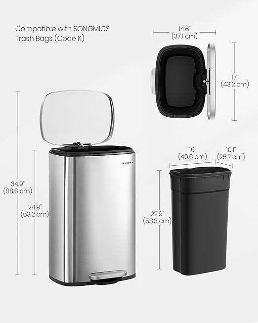 SONGMICS 13 Gallon (50 L) Trash Can, Stainless Steel Kitchen Garbage Can, Recycling or Waste Bin, Soft Close, Step-On Pedal, Removable Inner Bucket, Silver ULTB050E01