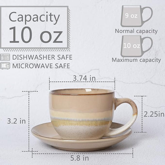 Bosmarlin Ceramic Cappuccino Cup and Saucer Set of 2, 10 Oz, Coffee Cups for Latte, Espresso, Tea, Dishwasher and Microwave Safe (Brown Grey)