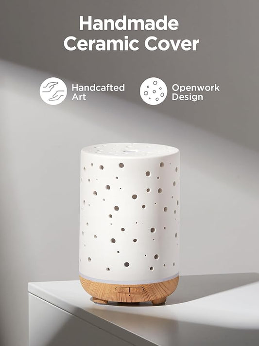 InnoGear Essential Oil Diffuser, 150ml Ceramic Ultrasonic Air Humidifier Cool Mist Aromatherapy Diffuser with 2 Mist Modes, Waterless Auto Off for Home Office, White