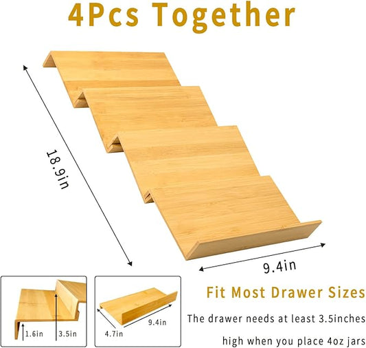 Bamboo Spice Rack For Drawer,4Pcs Tier Stackable Seasoning Storage Organizer Insert,for Kitchen Condiments Storage Insert(Jars Not Included,Combined Size:18.9" D x 9.5" W x 1.8" H)