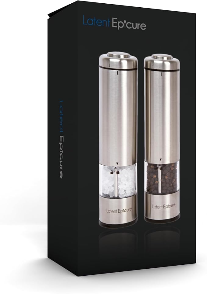 Electric Salt & Pepper Grinder Set – Battery Operated Stainless-Steel Mills & Shakers with Light, Adjustable Ceramic Grinders & Acrylic Rest Tray