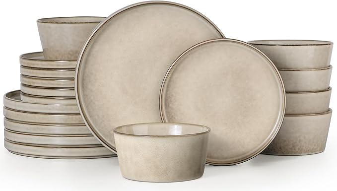 Herogo 18 Pieces Dinnerware Set Service for 6, Dinner Plates and Bowls Sets, Reactive Glaze Stoneware Dishes for Kitchen, Chip and Crack Resistant, Microwave & Dishwasher Safe, Cream Khaki