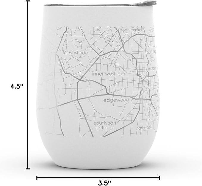 Well Told Engraved San Antonio Texas Map Insulated Wine Tumbler, Etched Stainless Steel Wine Tumbler (12 oz, White) City Map Insulated Tumbler, Custom Insulated Tumbler, Outdoor Drinkware