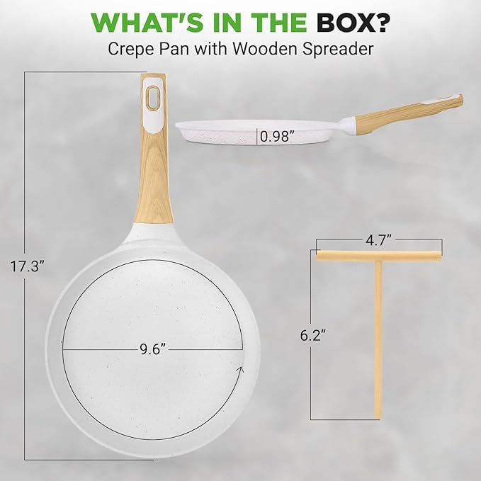 NutriChef 9.45” Non-Stick Crepe Pan with Wooden Spreader, Durable Marble Coated Dosa Pan, Bakelite Handle and Induction Bottom, PFOA/PFOS Free, Dishwasher Safe, Even Heat Distribution (White Cream)