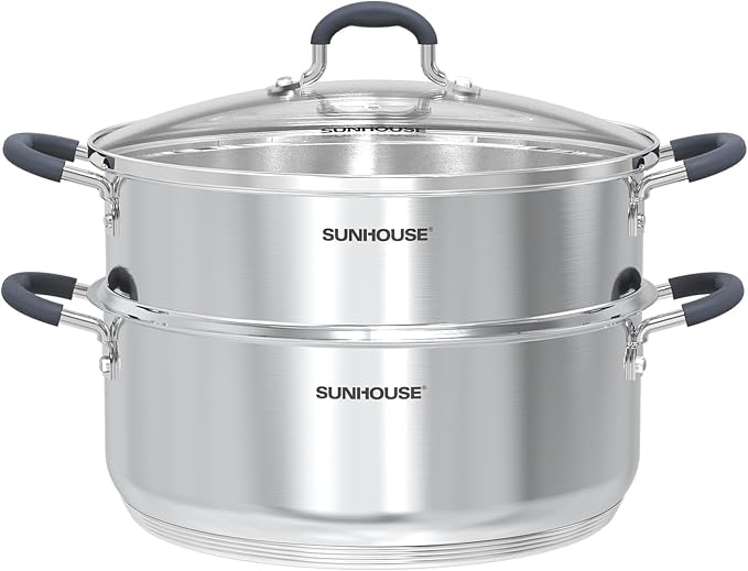 SUNHOUSE - 5.5 Quart Steamer Pots With Lid 2-Tier Multipurpose Stainless Steel Steaming Pot Cookware With Handle For Vegetable, Dumpling, Sauce, Food - Triple Bottom, Measurement Line