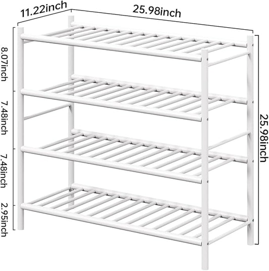 Bamboo Shoe Rack for Closet Small Wooden Shoe Organizer with Pouch, Sturdy Wood Shoe Shelf for Front Door Entrance Entryway and Outdoor, 26 inch Wide (White, 4-Tier)