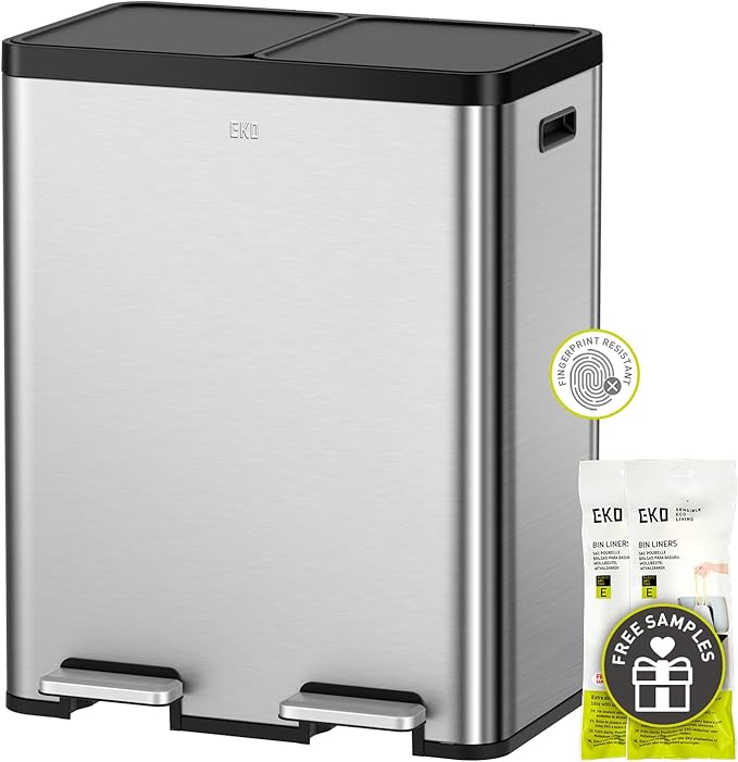 EKO Essential 8+8 Gallon Dual Trash Can, Kitchen Step Recycle Trash Can with Dual Removable Bucket, Independent Lids and Pedals, Brushed Stainless Steel