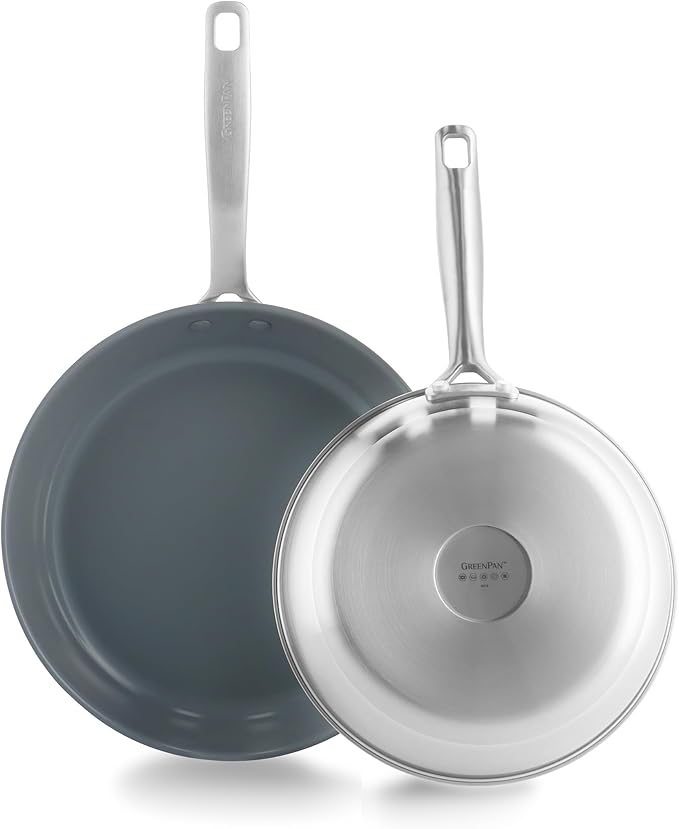 GreenPan Treviso 9.5” and 11” Frying Pan skillet Set, Non-Toxic PFAS-Free Stainless Steel Ceramic Nonstick Coating, Induction Suitable, Multi Clad, Pouring Rims, Dishwasher & Oven Safe to 600°