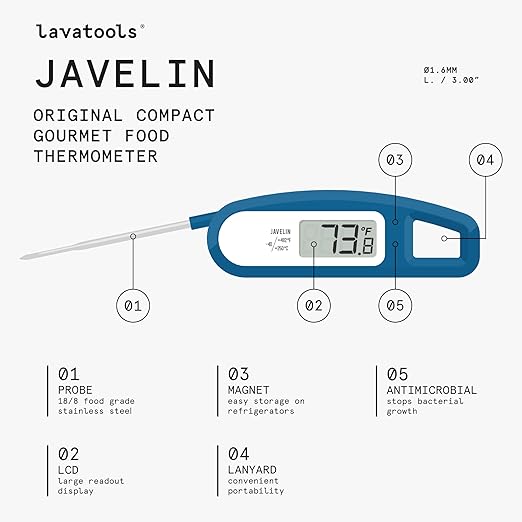 Lavatools Javelinยฎ Ultra-Fast 3-Second Digital Instant Read Meat Thermometer for Grill and Cooking, 2.75" Probe, Compact Foldable Design, Large Display, IP65 Water Resistant, NSF Certified โ Sesame