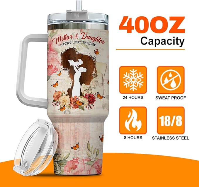 Tumbler 40 Oz With Handle Lid And Straw, Mom Gifts, Butterfly Stainless Funny Primrose Modern Be Cups Coffee Quartz Mama Parade Cup Hot Yellow For Day To, Mother Daughter Floral