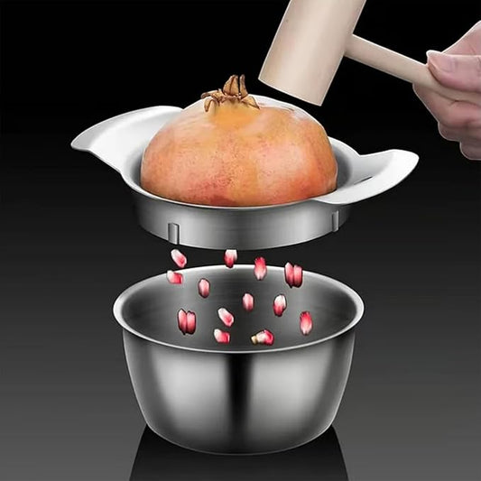 304 Stainless Steel Pomegranate Peeling Tool, 2026 New Pomegranate Deseeder Tool, High-Efficiency Pomegranate Peeler with Bowl & Wooden Hammer, for Home Kitchen