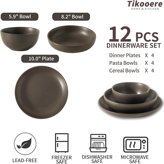 Dinnerware Sets, Stoneware Plates and Bowls Sets, Farmhouse 12 Piece Dish Set for 4, Ceramic Plates Set for Kitchen, Scratch Resistant, Dishwasher & Microwave Safe, Pure Black