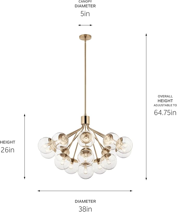 KICHLER Silvarious 16-Light Convertible Chandelier, Soft Modern Light with Clear Glass in Champagne Bronze, for Dining Room, Living Room or Foyer (26" x 38"), 52702CPZCLR