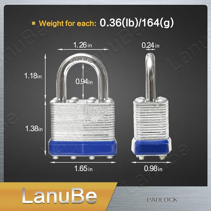 LanuBe Lock Laminated keyed Padlock (1-9/16", 40mm), keyed Alike Locks, Normal Shackle,Marked Blue Plastic Hoop, Pack of 60…