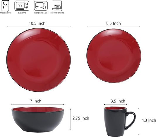 Bestone 16 Piece Round Kitchen Dinnerware Set,Plates and Bowls sets,Dishes, Plates, Bowls, Mugs, Dish Set,Plates and Bowls,Service for 4, Stoneware Dinnerware,Red and Black