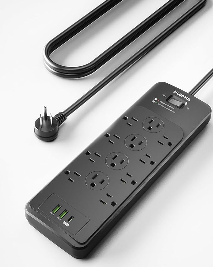 Surge Protector Power Strip 15FT(4080J), PLUGTUL Surge Protector with 12 Outlets - Spacious Design for Large Plugs, Flat Plug, 20W USB C Charging for Home, Office, ETL Listed