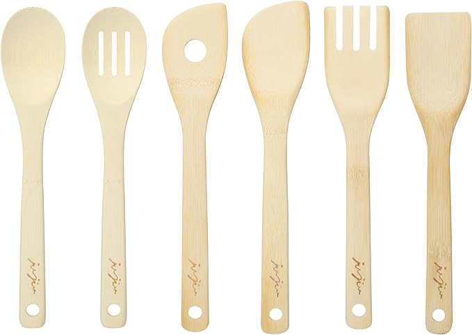Wooden Spoons & Spatulas 6-Piece Bamboo Kitchen Utensil Set - Natural Material Scraper & Strainer Cooking Tools