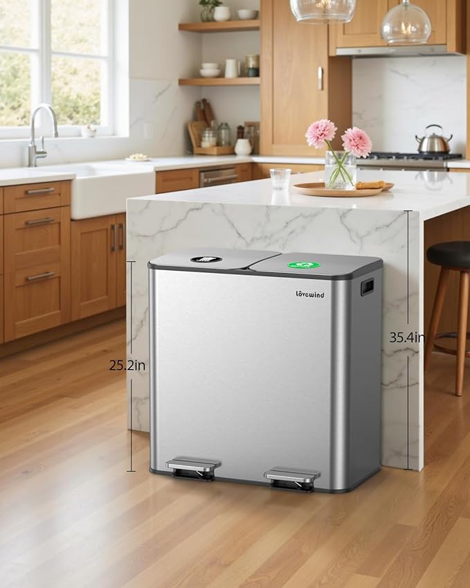 Lovewind Trash Can, 2 x 10.5 Gallon (2 x 40 L) Garbage Can for Kitchen Dual Compartment Recycling Kitchen Step Trash Bin, Stainless Steel Trash and Recycle Bin Combo with Soft-Close Lid, Silver