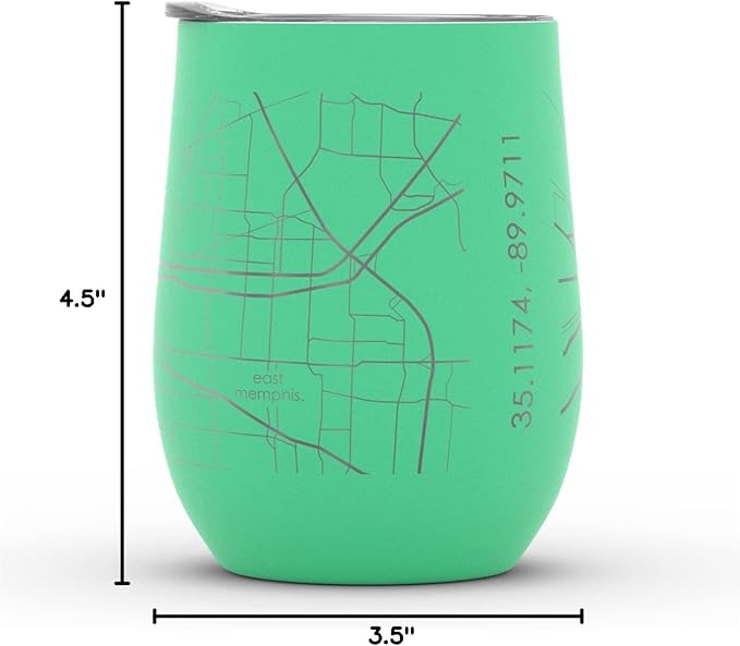 Well Told Engraved Memphis Tennessee Map Insulated Wine Tumbler, Etched Stainless Steel Cup (12 oz, Sunday Green) City Map Insulated Tumbler, Custom Insulated Tumbler, Outdoor Drinkware