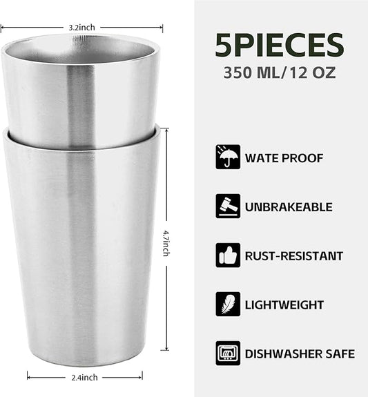 5 Pack 12 oz Stainless Steel Insulated Cup, Double Wall Vacuum Small Metal Cup, Reusable Camping Cups Unbreakable Indoor Outdoor for Party, Home, Office, BBQ, Sliver